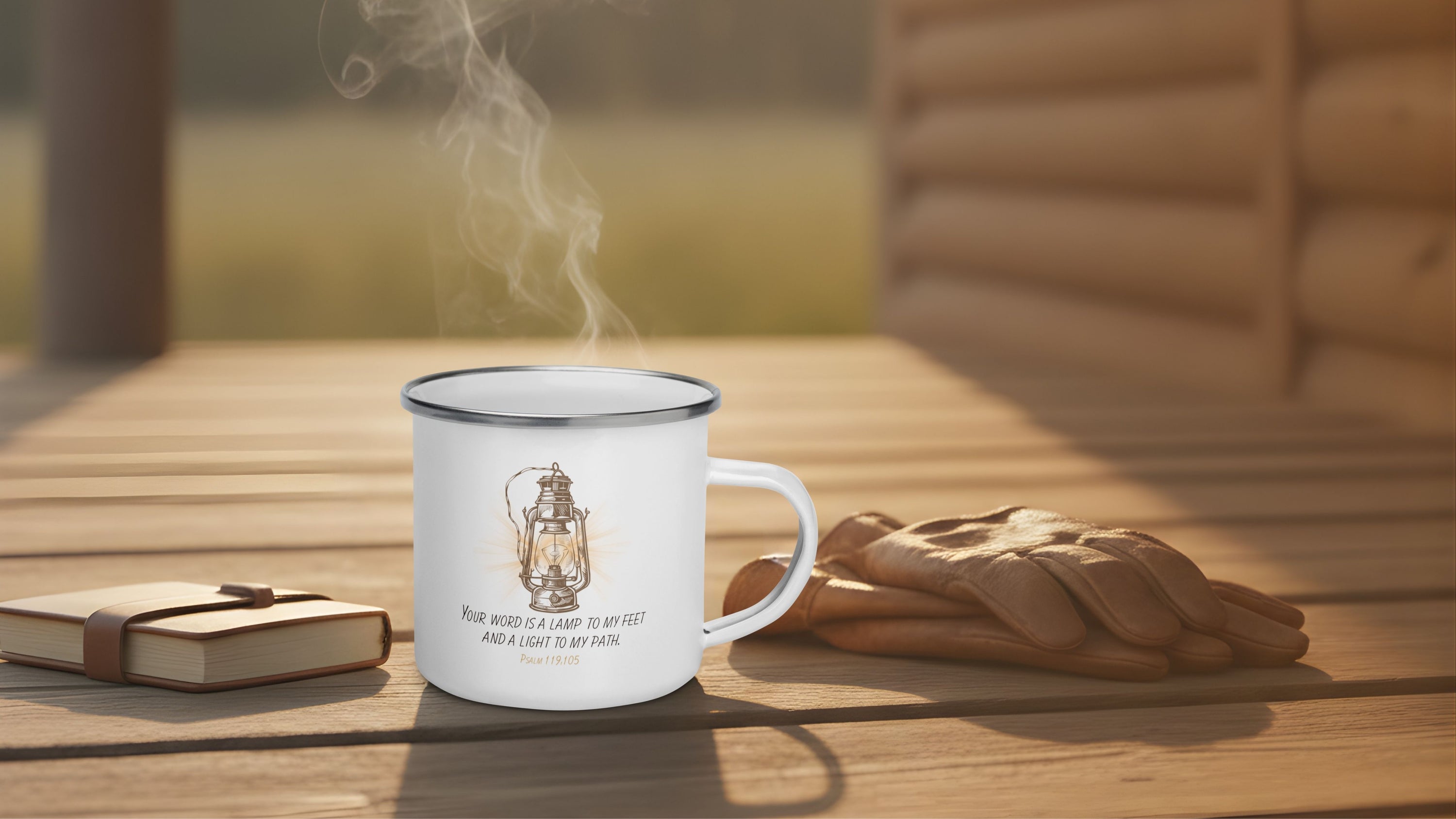 Steaming mug with a lantern design on a wooden surface with a blurred background